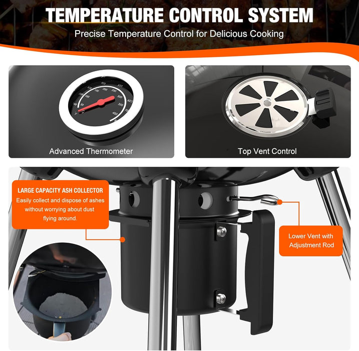 22 Inch Premium Charcoal Grill, Kettle Barbecue and Smoker Grills 500+ Sq. In. Cooking Area for Outdoor BBQ, Tailgating and Patio, Black