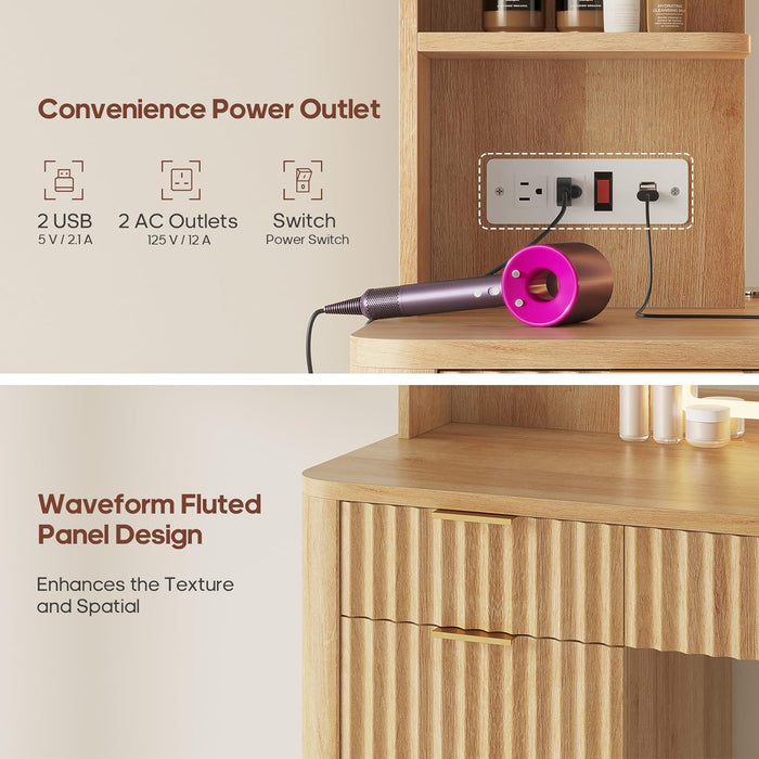 51.2" Fluted Makeup Vanity Desk with Large 30.3" Mirror and Lights, 5 Drawer Vanity with Power Strip, 6 Open Shelves, 2 Cabinet，Modern Dressing Table with Solid Wood Legs for Bedroom, Oak