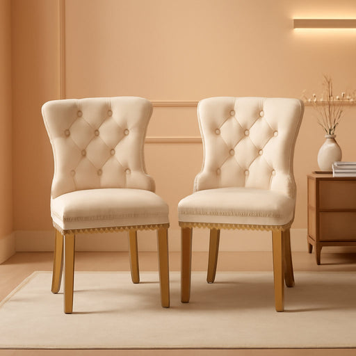 Beige Velvet Dining Chairs Set of 4, Upholstered Dining Room Chairs with Lion Head Pulls Ring and Golden Solid Wood Legs, Modern Button Tufted Kitchen Chairs for Dining Room, Kitchen(Beige)