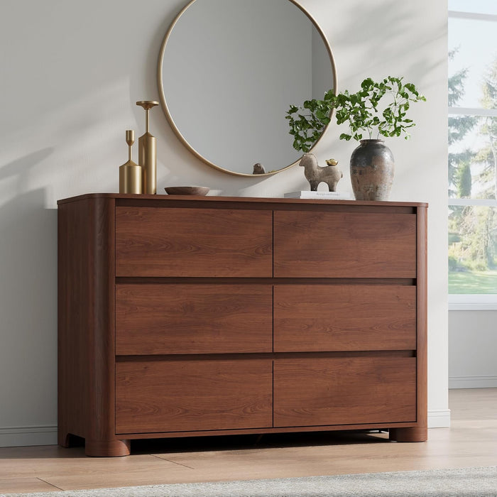 Walnut Dresser for Bedroom with 6 Drawers, 47" W Modern Chest of Drawers with Unique Thickened Foot, Rounded Corner Design, Wooden Dresser Organizer for Bedroom, Living Room, Hallway