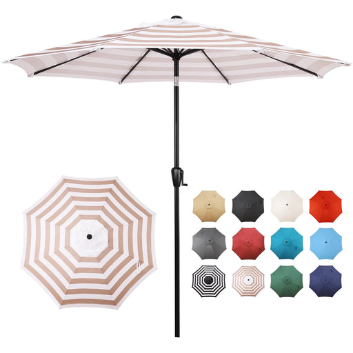 9 FT Patio Umbrella W/ Push Button Tilt and Crank Outdoor Umbrella, 8 Sturdy Ribs, UV Protection, Solution-Dyed Fabric, Beige and White Stripe