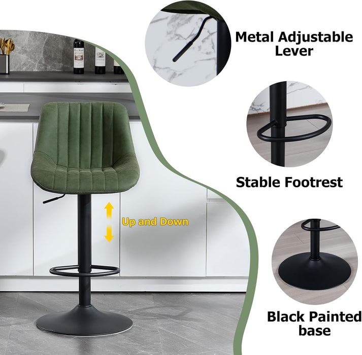 Faux Leather Adjustable Bar Stools Set of 3, Modern Swivel Barstools with Back, Black Metal Base and Footrest, Upholstered Armless Bar Chairs for Kitchen Island/Dining/Pub, Green