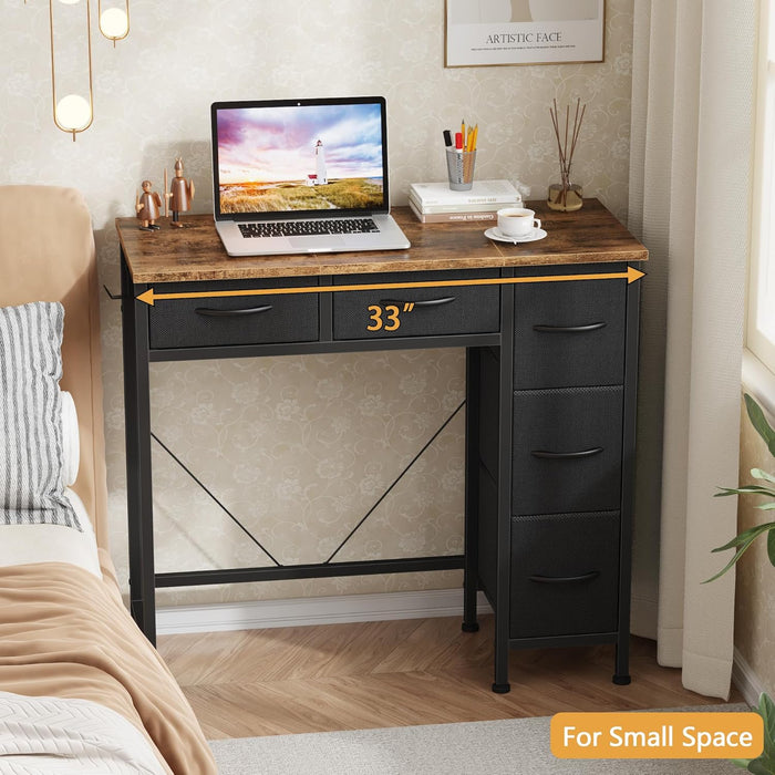 Small Desk with 5 Fabric Drawers, 33 Inch Writing Desk for Home Office, Simple PC Desks for Small Place, Kids Girls Teen Study Table Vanity for Bedroom, Dorm, Rustic Brown, 14" D
