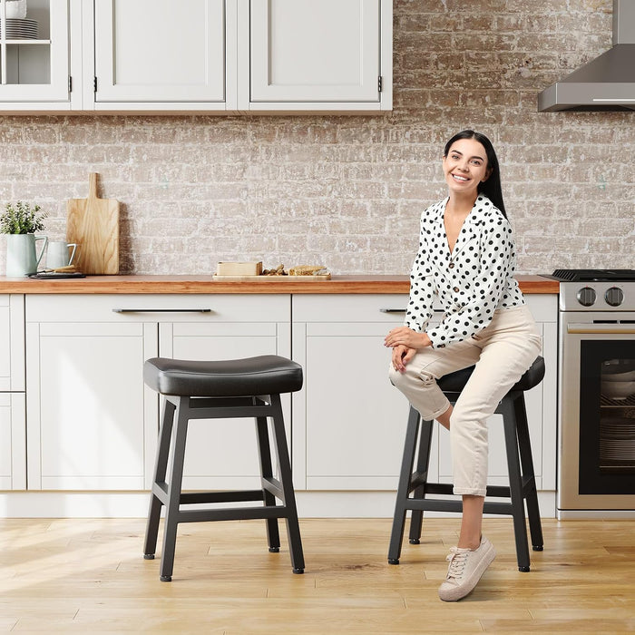 24 Inche Bonded Leather Counter Height Bar Stools Set of 2 Curved | Barstools with Curved Bonded Leather Seats & Heavy Duty Metal Legs for Kitchen Counter, Easy Assembly, All Black