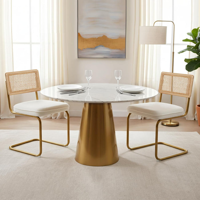 Rattan Dining Chairs Set of 2, Modern Kitchen Chairs with Natural Mesh Rattan Backrest & Solid Thick Metal Legs, Upholstered Fleece Armless Side Chairs for Living Room, Study, Cream