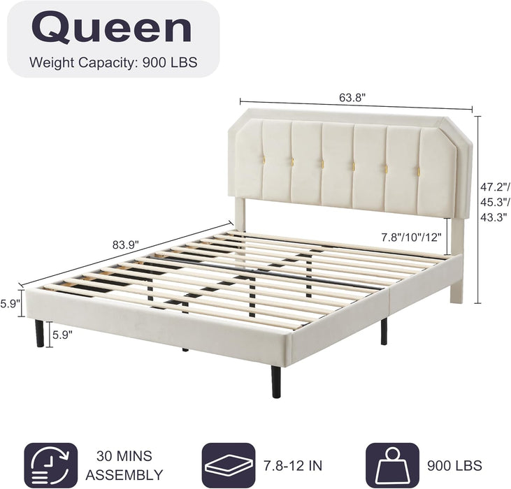 Queen Bed Frame, Velvet Upholstered Platform Bed with Golden Trim, Modern Style Bed with Adjustable Headboard, No Box Spring Needed, Strong Wooden Slats, No-Noise, Easy Assembly, Beige