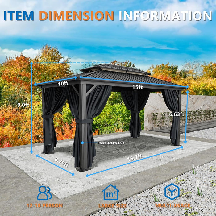 10X15 Hardtop Gazebo on Clearance with Heavy Duty Galvanized Steel Metal Roof, Patio Hard Top Gazebo with Curtains & Netting,Outdoor Permanent Hot Tub Gazebo Pavillon for Backyard,Deck,Black