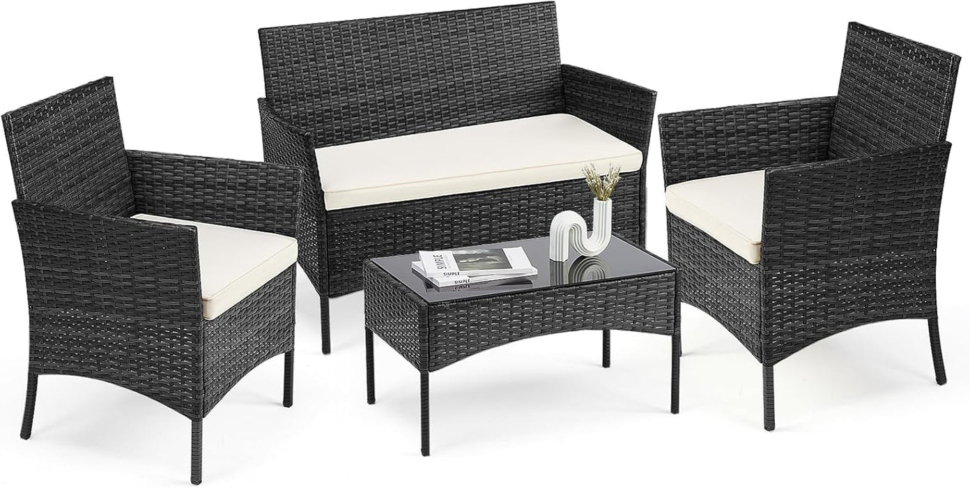 Patio Furniture Set 4 Pieces, Outdoor Furniture with Soft Cushion and Glass Table, All Weather Manual Weaving Wicker Rattan Patio Chairs for Garden, Terrace, Porch, Lawn (Black and Beige)