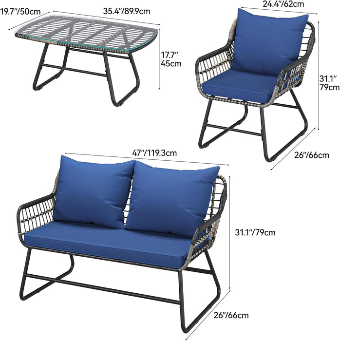 4-Piece Patio Furniture Wicker Outdoor Bistro Set, All-Weather Rattan Conversation Loveseat Chairs for Backyard, Balcony and Deck with Soft Cushions and Metal Table (Navy Blue)