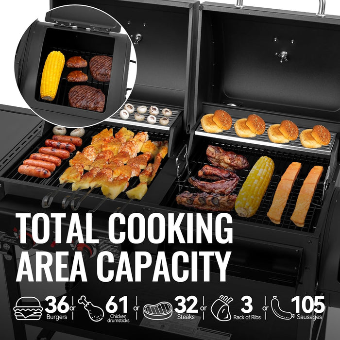 2-Burner Gas and Charcoal Combo Grill with Offset Smoker & Side Burner, 34,000 BTU Dual Fuel Grill, 1020 Sq. In. Cooking Area, Ideal for Outdoor Cooking, Black, ZH3005Y-SC