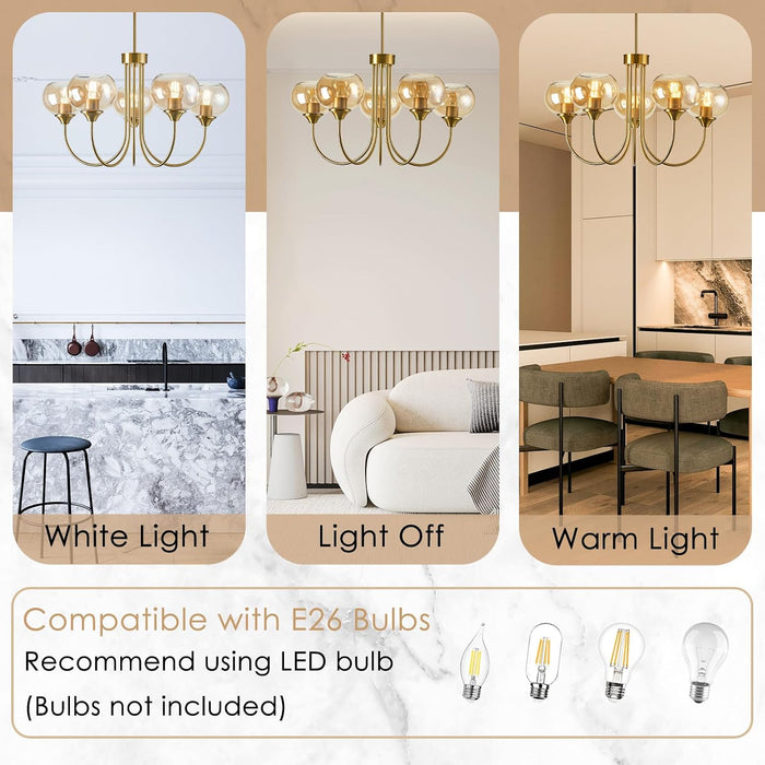 Translucent Amber Glass Five Light Globular Chandelier