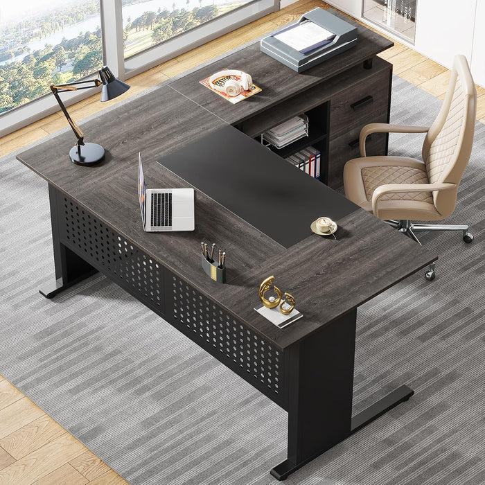 63Inch Executive Desk With Integrated Cabinet Gray