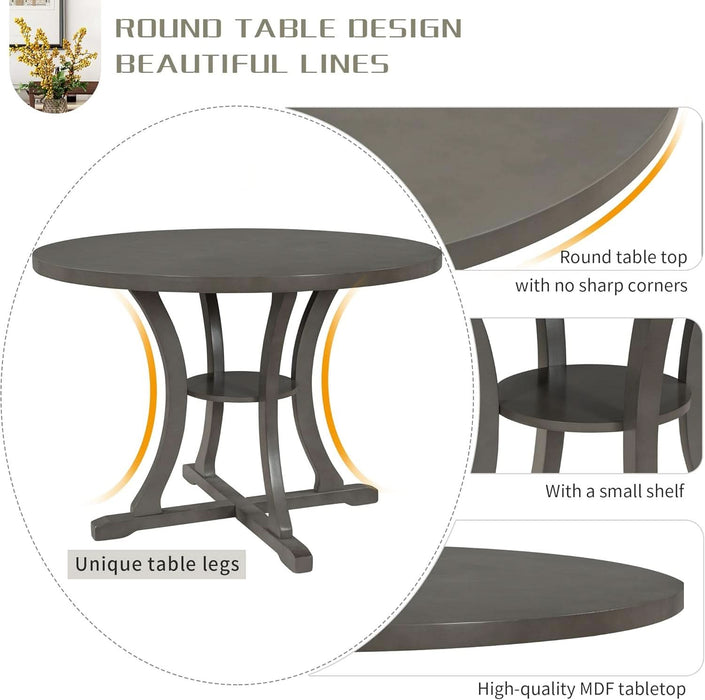 5 Piece round Dining Table Set 4 Retro Chairs with Special-Shaped Table Legs, Exquisitely Designed Hollow Chair Back for Dining Room, Gray