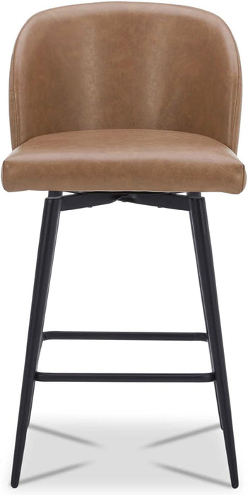 Counter Height Bar Stools Set of 3, 360° Swivel Upholstered Barstools with Backs and Metal Legs, 26" H Seat Height, Faux Leather in Saddle Brown