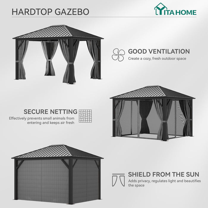 10X12FT Single Hardtop Metal Gazebo Top Outdoor Patio Canopy Galvanized Iron Aluminum Column Garden Tent Curtains Netting for Backyards Decks Lawns,Gray
