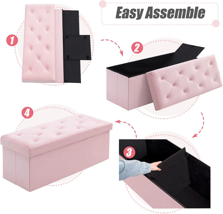 43 Inches Folding Storage Ottoman Bench, Velvet Ottoman with Storage for Living Room, Long Shoes Bench, Flannelette Footrest Benches Seat (Pink)