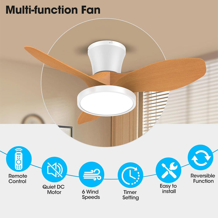 Quiet Ceiling Fan with LED Light DC Motor 32 Inch Large Air Volume Remote Control Oak for Kitchen Bedroom Dining Room Patio