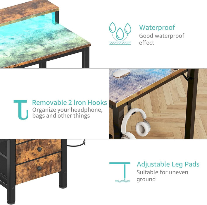 Computer Desk with Fabric Drawers, 47 Inch Home Office Desk with Monitor Stand, Gaming Desk with LED Lights and Power Outlets, Rustic Brown