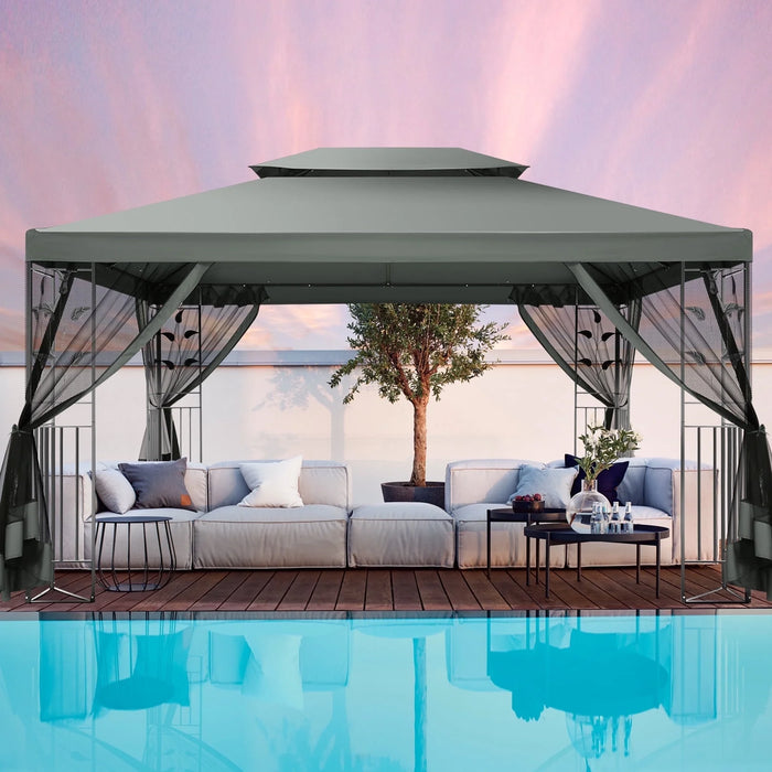 10' X 13' Pop up Gazebo, Screened Patio Gazebo, Outdoor Steel Double Roof Canopy Tent, Metal Frame Canopy with Mosquito Netting, Sunshade for Garden, Lawns, Gray