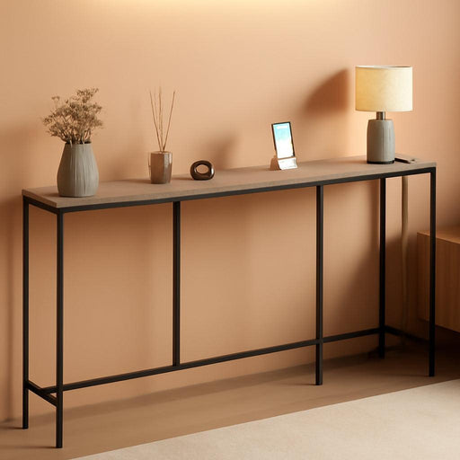 78.7" Narrow Console Table with Power Outlet 7.1" Skinny Sofa Table, Long behind Couch with Charging Station for Hallway, Living Room Greige and Black TXG20UBG