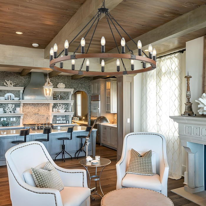 38”Wooden Wagon Wheel Chandelier,Black Vintage 18 Light Rustic round Hanging Light Fixture,Industrial Country Ceiling Light Used in the Farmhouse,Hallway,Foyer,Living Room,Dining Room