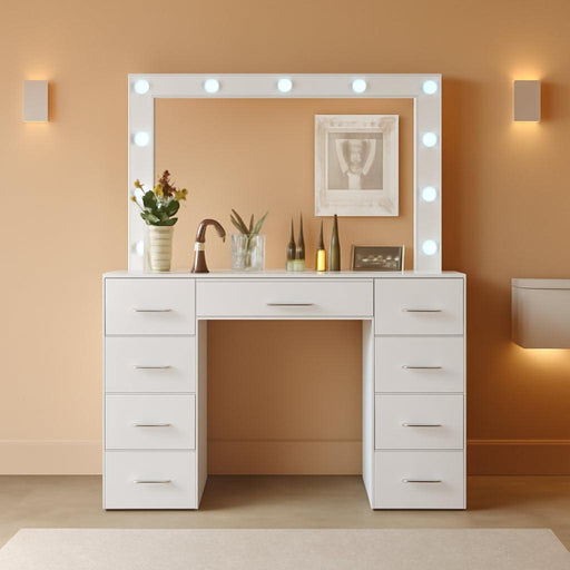 Vanity Table, Makeup Desk with Lighted Mirror, Dressing Desk with Drawers and Adjustable Brightness, 3 Color Lighting Modes, Vanity Desk for Women(White)