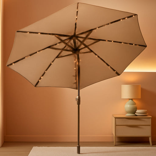 USA 10-Year-Non-Fading 9Ft Market Patio Umbrella, Commercial Grade Table Sun Umbrella with 80 Solar LED Lights, Crank Open, Windproof & UPF 50+ UV Protection for Garden, Deck, Pool, Backyard, Heather Beige