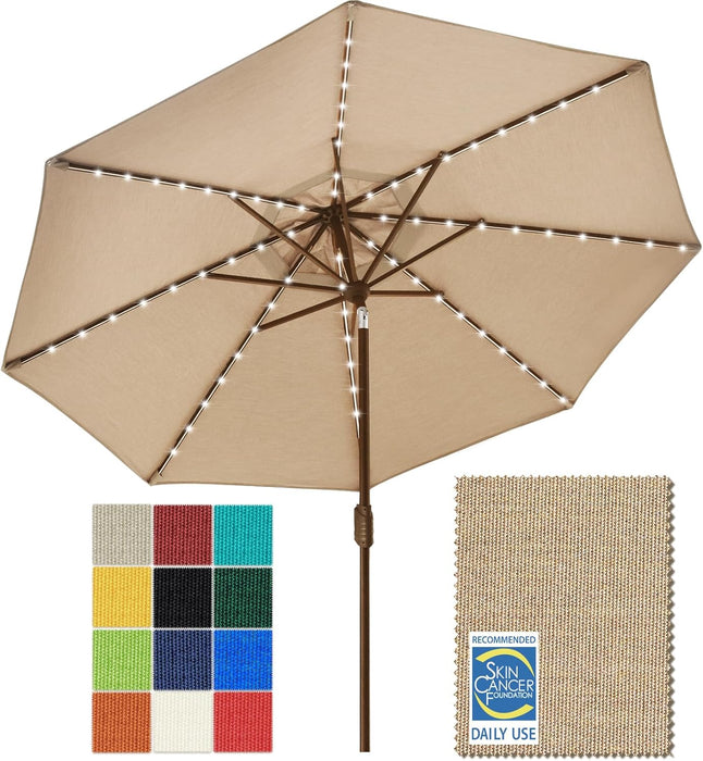 USA 10-Year-Non-Fading 9Ft Market Patio Umbrella, Commercial Grade Table Sun Umbrella with 80 Solar LED Lights, Crank Open, Windproof & UPF 50+ UV Protection for Garden, Deck, Pool, Backyard, Heather Beige