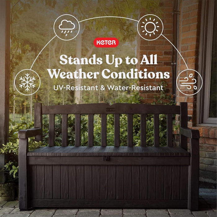 Solana 70 Gallon Storage Bench Deck Box for Patio Furniture, Front Porch Decor and Outdoor Seating – Perfect to Store Garden Tools, Brown/Brown