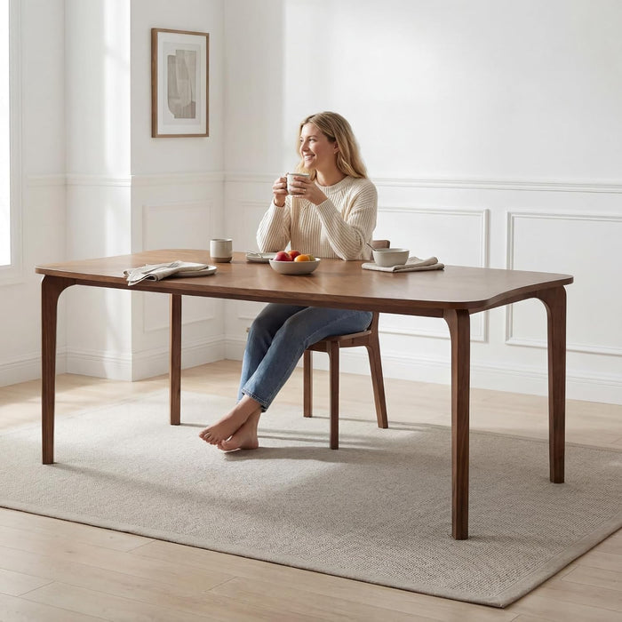 Mid-Century Modern Walnut Color Dining Table, 63" Rectangular Kitchen Table with Solid Wood Legs, Curved Edges, 6-Person Table for Dining Room Living Room Kitchen