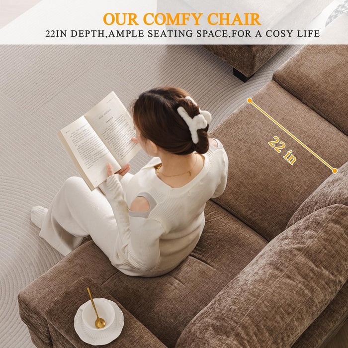 85'' L Shaped Couch with Armrest Organizer,3 Seats Sofas with Movable Ottoman,Comfy Sectional Sofa with Thick Cushion,Chenille Sectional Couches for Living Room,Bedroom,Apartment,Home Furniture,Brown