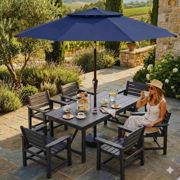 Patio Umbrella, 2 Tier Outdoor Table Umbrella, Large Vented Market Umbrellas with Push Button Tilt and Crank, 8 Sturdy Ribs for Backyard, Deck, Pool, UPF50+ UV Protection