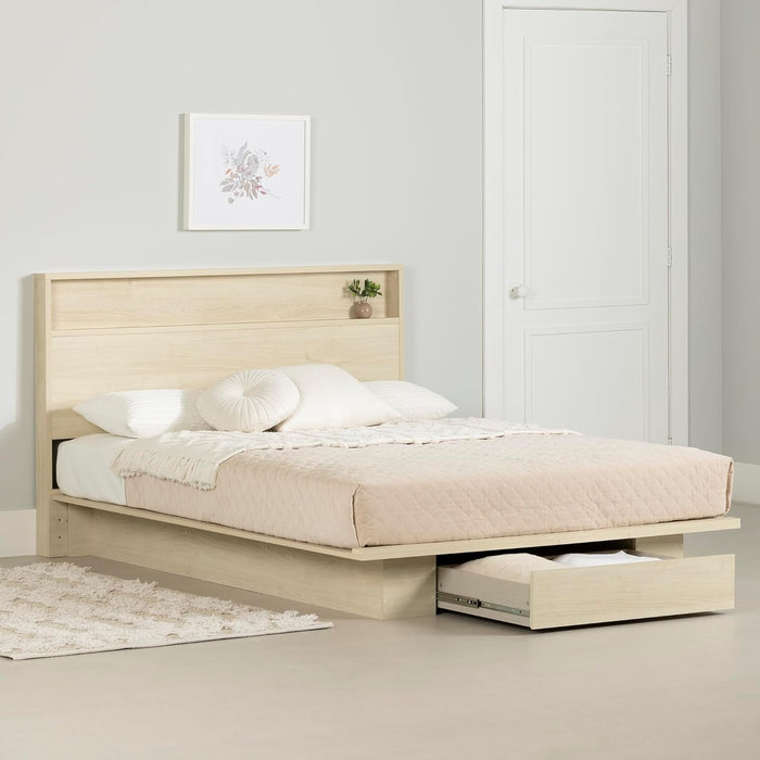 Fusion Platform Bed and Headboard with Storage Shelf Set, Full/Queen, Bleached Oak