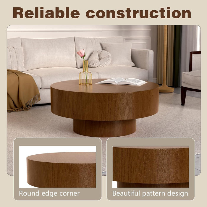 30.5In round Drum Coffee Table Modern Coffee Table with Sturdy Base Wood Circle Coffee Tables Accent Cocktail Table Center Tables for Living Room Apartment (30.51In)