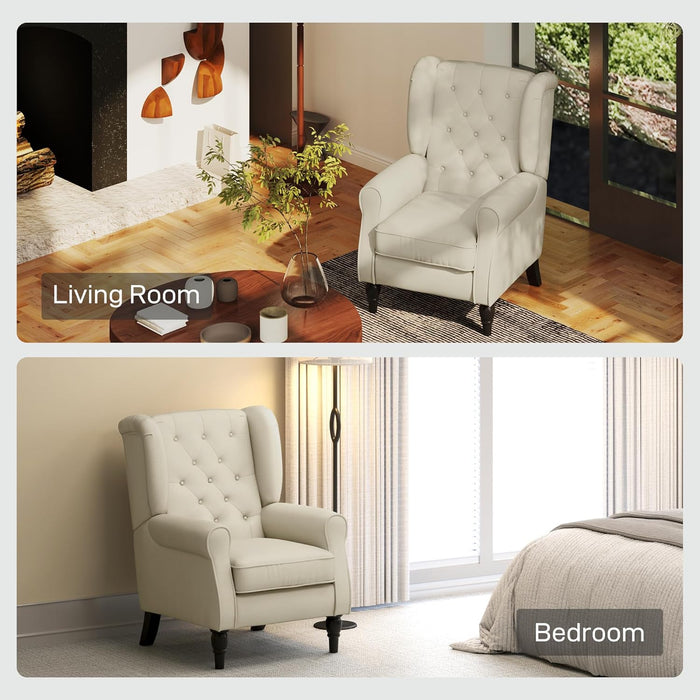 Mid-Century Modern Accent Chair, High Wingback Reading Chair, Button-Tufted Upholstered Fabric Armchair with Retro Wood Legs for Apartment, Living Room, Bedroom, Cream White