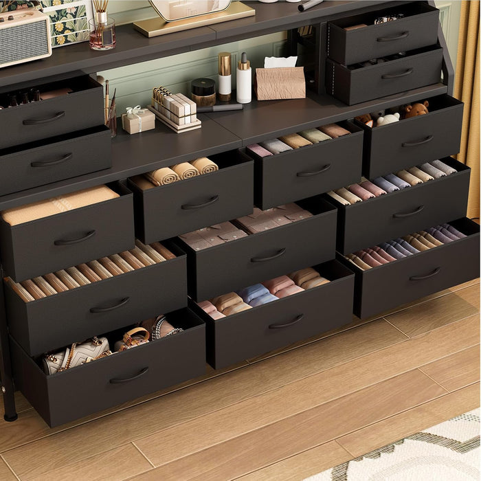55" W Dresser for Bedroom with 14 Drawers, Chest of Drawers with Open Shelf, Fabric Storage Tower with Metal Frame & Wood Top, TV Stand Organizer for Clothes & Accessories (Black PU)