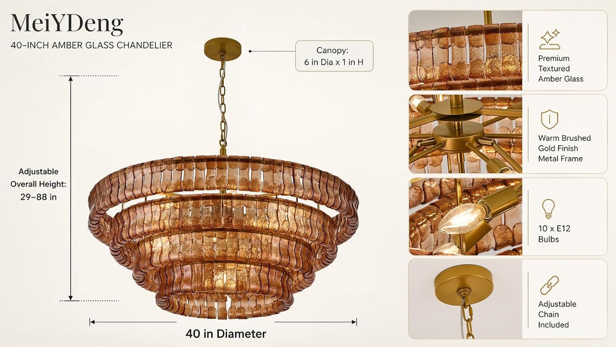 4-Tier 40 Inch Amber Crystal Glass Chandeliers, Modern round Luxury 10 Lights Hanging Pendant Light Fixture, for Dining Living Room, Bedroom, Foyer, Entryway(Included E12 Bulbs)