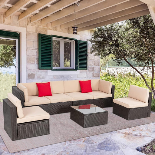 7 Pieces Patio Furniture Sets Outdoor All-Weather Sectional Patio Sofa Set PE Rattan Manual Weaving Wicker Patio Conversation Set with Glass Table&Ottoman Cushion and Red Pillows, Neutral