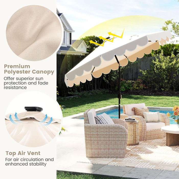 9 FT Solar Patio Umbrella, 2-Tiers Scalloped Outdoor Table Market Umbrella with 24 LED Lights, Vented Top, Tilt Adjustment, Crank, 8 Ribs for Backyard Poolside Deck Beach Lawn (Beige)
