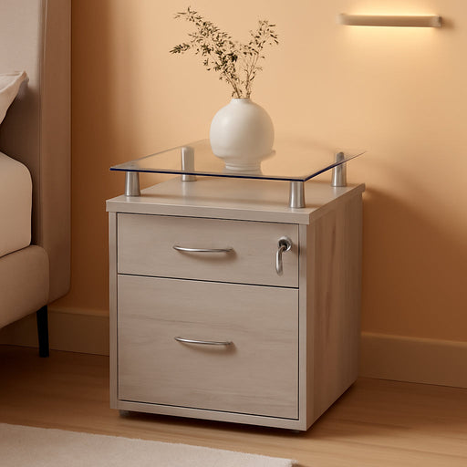 2-Drawer Rolling File Cabinet with Lock and Glass Top, under Desk File Cabinet with Wheels, Printer Stand, Grey