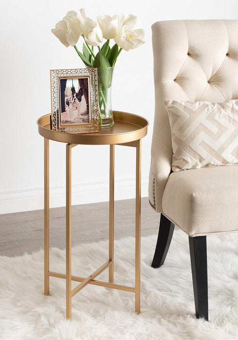 Celia round Metal Foldable Accent Table with Tray Top, Gold