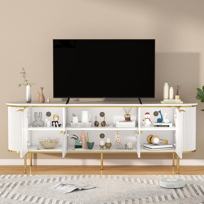 White Fluted TV Stand: 70" Luxury Entertainment Center with Storage for 80 Inch Tvs, Modern TV Consoles for Living Room, Wood Media Console with Faux Marble Top