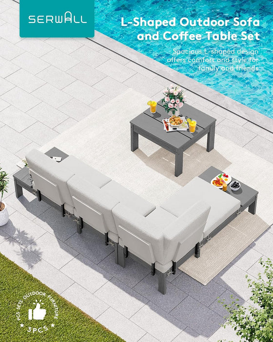 HDPE Outdoor Furniture Set, 4 Seats Outdoor Sectional with Coffee Table, All-Weather Patio Sofa Set, Patio Conversation Sets with Adjustable Backrest Sofa for Garden, Backyard, Grey with Beige