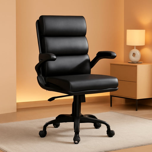 Office Chair Adjustable Desk Chair Mid Back Executive Comfortable Bonded Leather Ergonomic Back Support Home Computer Chair with Padded Flip-Up Armrest Swivel Wheels (Black)