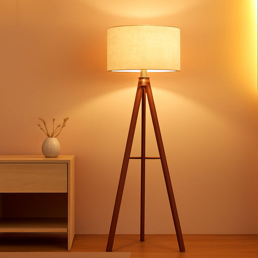 Mid Century Floor Lamp with 3 Color Temperatures LED Bulb, Modern Wood Tripod Table Reading Standing Light, Wooden Shelf Floor Lamp for Farmhouse Living Room Bedroom Office Linen Shade Brown