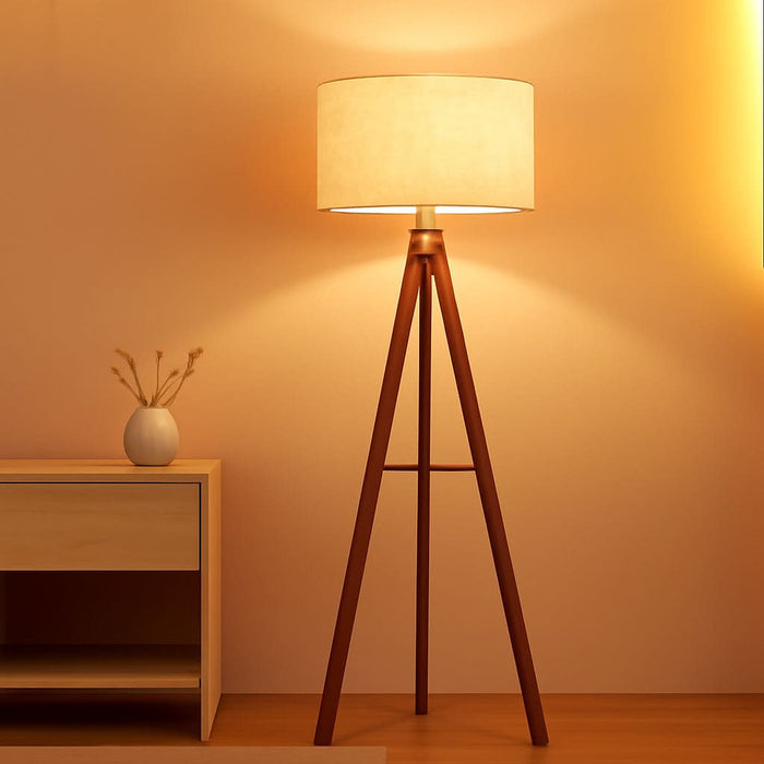 Mid Century Floor Lamp with 3 Color Temperatures LED Bulb, Modern Wood Tripod Table Reading Standing Light, Wooden Shelf Floor Lamp for Farmhouse Living Room Bedroom Office Linen Shade Brown