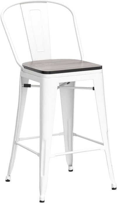 24" Metal Counter Height Bar Stools with Back Set of 4 Off-White | Modern Farmhouse Barstools with Large Seat, Footrest, High Back Counter Bar Chairs for Kitchen Island, Dining Room