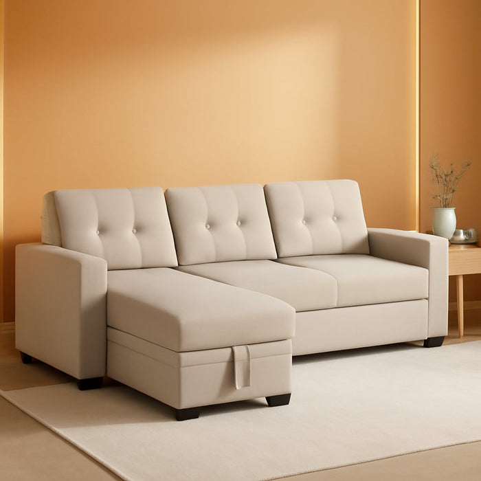 Beige L Shaped Convertible Sleeper Sectional Couch