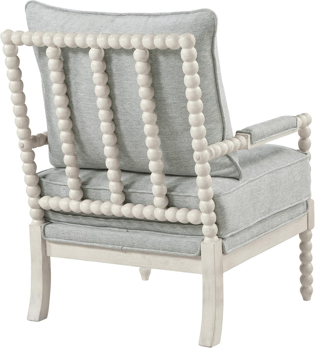 Kaylee Spindle Accent Chair with Antique White Wood Frame, Smoke Grey Fabric