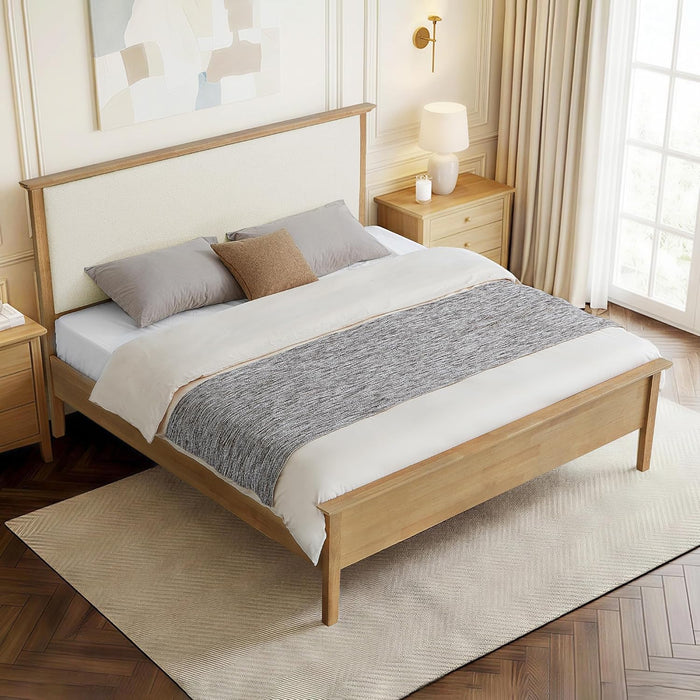 Queen Size Platform Bed Frame, with Boucle Upholstered Headboard & Wooden Slats Support, Modern Farmhouse Style Bed, No Box Spring Required, Large under Bed Storage, Easy Assembly, Natural